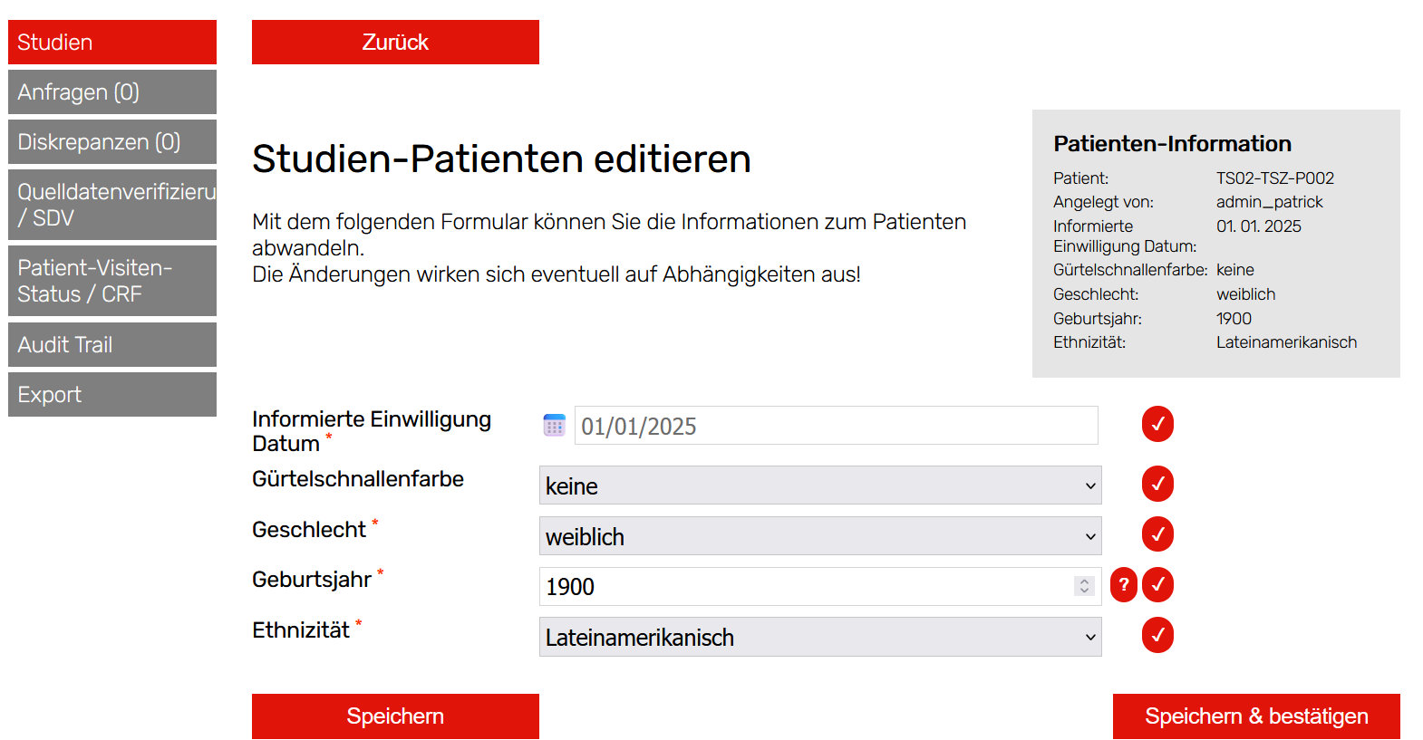 Patient editieren De wisy CMS: EDC Patient editieren